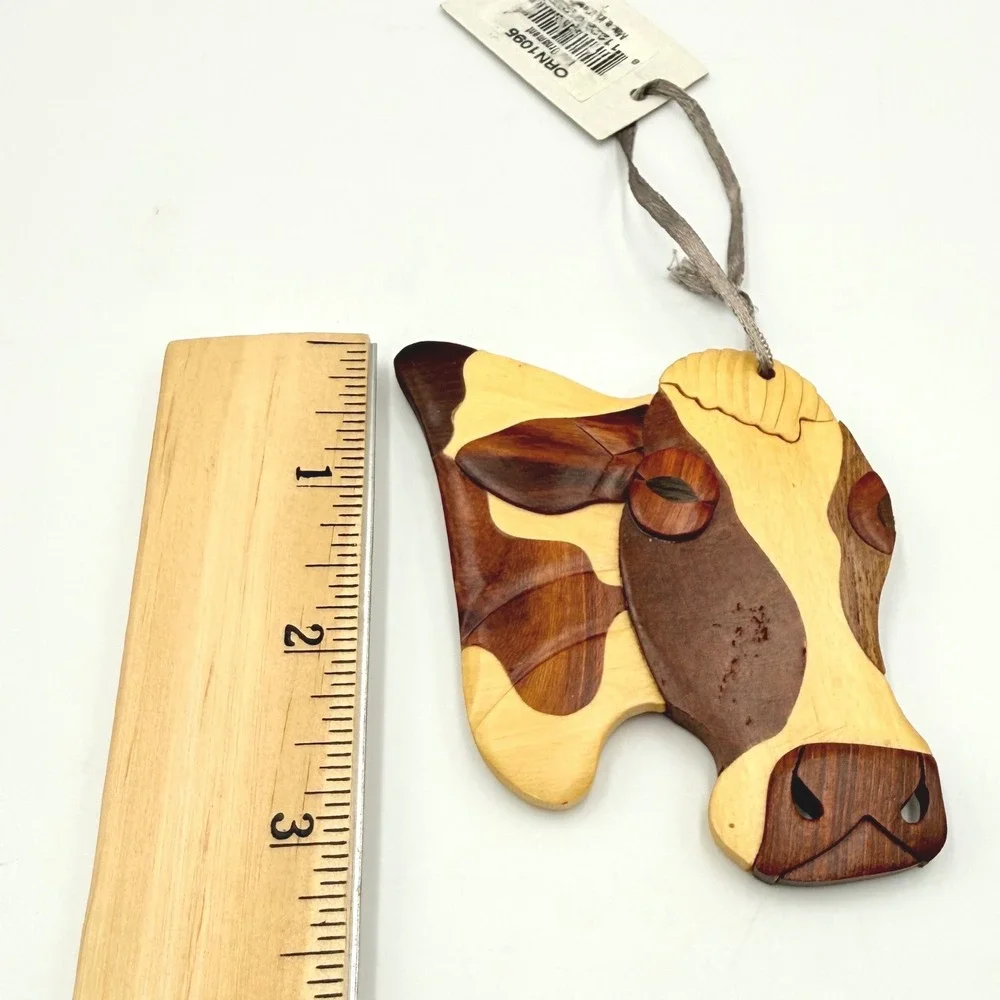 Cow Head Ornament Small Brown Tan Intarsia Wood Farmhouse Decor Double Sided